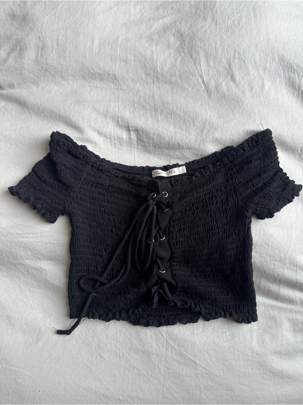 Black Off-Shoulder Smocked Lace-Up Crop Top